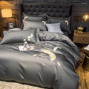 寝具セット豪華なエジプト綿600TCグレー刺繍布団カバー枕カバーフラットシートウェディング/ギフトEL/ホームテキスタイル#SW