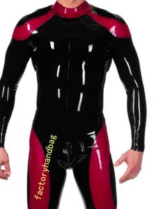 Schwarz-roter Band-Catsuit, sexy Herrenkostüme, Wetlook-PVC-Kunstleder hinten, 3-Wege-Reißverschluss im vorderen Schritt, Trikot, Clubwear-Body