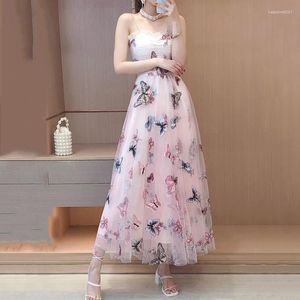 Casual Dresses Women's 2022 Summer Dress Sweet Rhinestone Suspender Embroidered Butterfly Flower Mesh Fairy