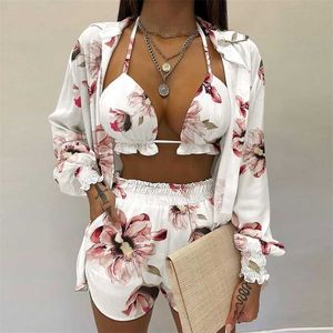 Women's Blouses Shirts 3 Piece Set Swimsuit Women Shorts Suits Summer Large Size Tracksuit Long Sleeve Shirt Tops Loose Drawstring Short Pants 220923