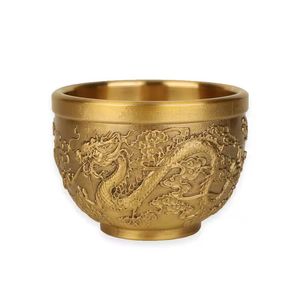 Mässing Tea Cup Chinese Traditional Royal Golden Dragon and Phoenix Mönster Dubbelvägg Te Mug Luxury Home Decor Cups Kung Fu Drink Coffee Mugs
