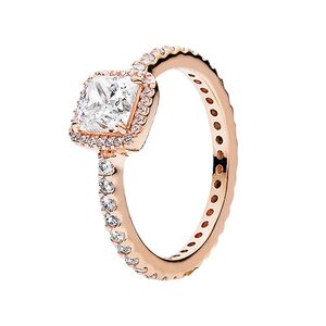 Roségold-Quadrat-Glitzer-Halo-Ringe aus echtem Sterlingsilber für Damen, Hochzeitsgeschenk, Designer-Schmuck mit Originalverpackung für Pandora-Verlobungsring-Set mit CZ-Diamant