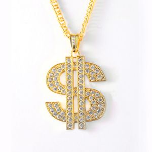 Men Aolly Dollar Sign Inlaid Diamond Pendant Gold Necklace 2022 Popular European American Exaggerated Hip-Hop Personality Women Trendy Clothing Accessories