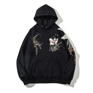 Japonês Streetwear Hoodie Hip Hop Moletom Bordado Raposa com Capuz 2022 Masculino Harajuku Algodão Pulôver Casual Preto