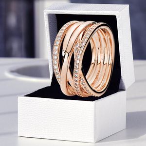 Gül altın köpüklü cilalı çizgiler yüzüğü gerçek 925 gümüş düğün mücevherleri kadınlar için pandora cz elmas nişan hediye seti için orijinal kutu