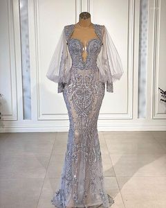 Party Dresses Silver Lace Applique Mermaid Evening Illusion Long Sleeve Sweetheart Arabic Aso Ebi Prom Reception Engagement Gownparty