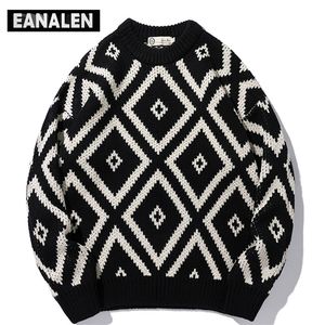 Men's Sweaters Harajuku vintage winter men's casual sweater designer Plaid rhombus knitted pullover women's grandpa ugly grunge 220924