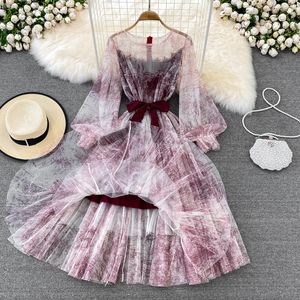 Spring Super Fairy Perspective Ink Vintage Dress Bubble Sleeves With Slim Round Neck Nesh