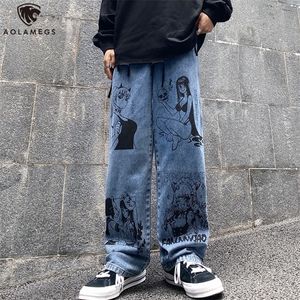 Męskie dżinsy Aolamegs retro mężczyźni anime druk workowate swobodne proste spodnie High Street Streetwear Denim Pants Fashion Cowboy 220924