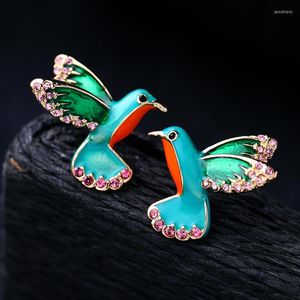 Stud Earrings Trendy Green Enamel Bird Earring Cute Girls Accessories Crystal Ear For Women Wholesale Factory