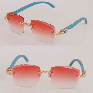 Blaue randlose Holz-Sonnenbrille für Damen, 3524012, luxuriöse Diamant-Set-Brille für Herren, Designer-Fahrsonnenbrille für Herren und Damen, 18 Karat Gold, quadratische Holz- und Metallbrillen, Größe 58