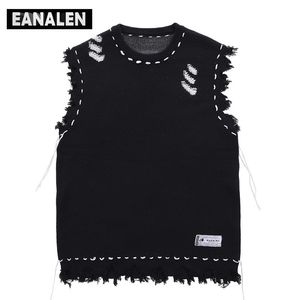 Men's Sweaters Harajuku tattered fringed sweater vest women's y2k Vintage korean oversized knitted ugly sleeveless sweater men's aesthetic 220926