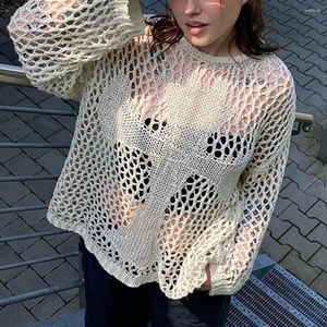 Women's T Shirts Women Summer See Through Y2k Vintage Sexy Tops Knitted Beach 90s Swimsuit Cover-Up O-Neck Hollow Out Long Sleeve