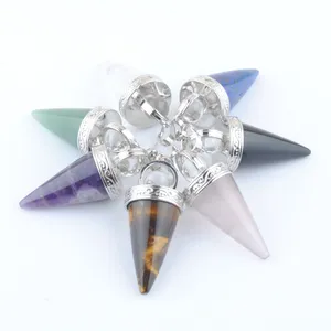 Natural Stone Cone Pendants Reiki Pendulums Round Crystal 3D Jewelry Amethyst Tigers Eye Aventurine BN451