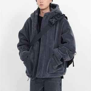 Pêlo de pele masculina mauroicardi inverno grosso quente quente superdizer cinza sherpa jaqueta de jaqueta com capuz zip up fofo casual casual solto 220924