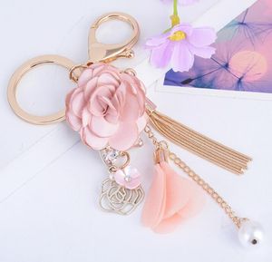 Gold Metal Key Rings Chains Tassel Cloth Flower Rhinestones Car Keys Bag Charms Pendant Jewelry for Women Girls 3 colors