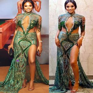 2022 Arabiska aso ebi Green Mermaid Prom Dresses Pärled Crystals Spets Evening Formal Party Second Reception Birthday Engagement Gowns Dress ZJ89E