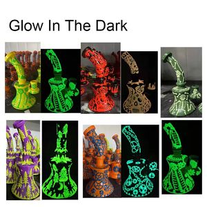 5 pollici Glow In Dark Narghilè Mini Small Oil Dab Rigs Uniqe Bicchiere in vetro Bong Soffione doccia Perc Percolatore Eye Handcraft Water Pipes 14mm Joint With Bowl