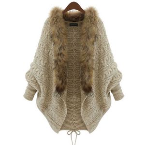 Swetry damskie sweter rozpinany gruby Poncho peleryny Femme jesień zima rękaw w kształcie skrzydła nietoperza futro kołnierz wełniany sweter dziergany długi kardigan 50 T220925