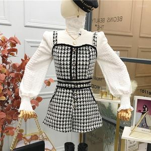 Feminino Feminino Feminino Autumn Vintage Houndstooth 3 Peças Conjunto Mulheres Turtleneck Blouse colete de colheita Top Top Shorts Suits Korean Sweet