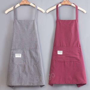 Avental sem mangas listradas, com bolso em casa, anti-penduradores ￠ prova de ￳leo adultos aventais de cozinha cozinha poli￩ster algod￣o Pinafore BH7618 TQQ
