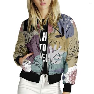 Kvinnorjackor Kvinnorjacka toppar långa ärmar Linje Ritning Print Baseball Collar Zipper Coat Slim Lady Girls Bomber Street Style