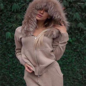 Kvinnors tvåbitar byxor 2022 Drawstring Wool Real Winter Thick Cashmere Suit Female Päls krage Huven Cardigan Trousers Sticked 2 Woman