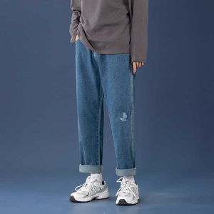 Męskie dżinsy szerokie nogi mężczyźni moda prosta haft kolanowy swobodny prosty luźne luźne streetwear Hip Hop Street Dance Denim Males 220923