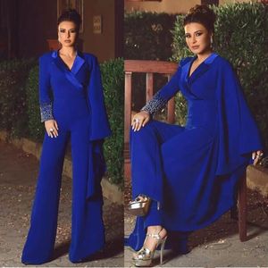 Royal Blue Mother of the Bride Pant Suits Peaked Lapel Long Sleeve Jumpsuits Beaded Evening Gowns Plus Size Wedding Guest Dresse