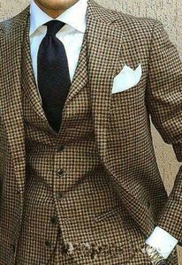 Vintermode Houndstooth Menschliches Muster Tweed Groom Tuxedos Notch Lapel Men Wedding Tuxedos Men Dinner Party Suit