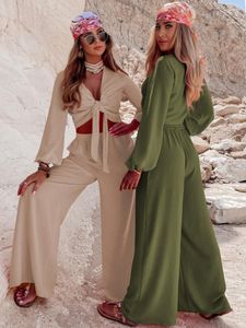 Women's Two Piece Pants Slacks Sexy 2 Pieces Clothing Fall 2022 Cardigan Lace-up Long Sleeve Top High Waist Wide Leg