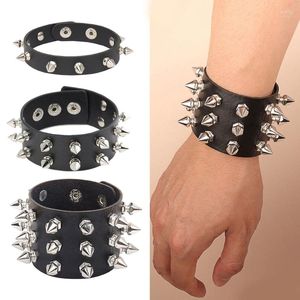 Link Bracelets Punk Bracelet For Men Women - Goth Black Leather Wristband With Metal Spike Studded- Rivets Adjustable