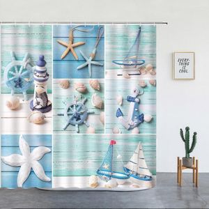 Shower Curtains Nautical Anchor Rudder Sailboat Starfish Conch Blue Wood Board Splicing Print Fabric Bathroom Decor Curtain Sets
