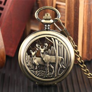 Pocket Watches Luxury Yellow Golden Double Mechanical Hand Wind Watch for Men Women Hollow Elk Case Pendant Necklace Chain Gift