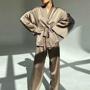 Women's Blouses Shirts Clacive Fashion Loose Satin Pants Set Women Casual Long Sleeve Shirts Wide Trousers Suits Elegant Home Wear Two Piece Robe Sets 220923