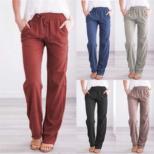 Kvinnor Pants Capris Summer Cotton Linen Drawstring Loose Wide Ben Long Trousers With Pocket WDC4496 220922