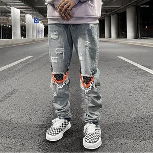 Herr jeans män knä kedja dekorera hål rippade tvättade blå byxor mens hip hop rak retro överdimensionerade casual denim byxor