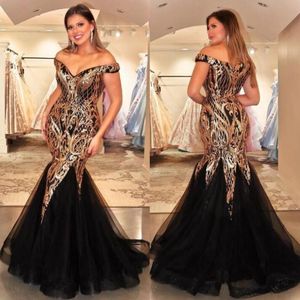 Modern Off Shoulder Tulle Mermaid Evening Dresses Zipper Back african aso ebi Prom Dresses With Gold Sequins