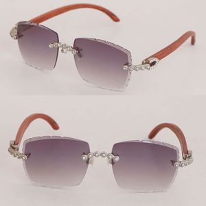 Óculos de sol sem aro de madeira originais womans 3524012 Conjunto de diamantes luxuosos copos de gama de gama de madeira de madeira quadrada de madeira de madeira de madeira de metal masculino e fêmea de 18k Eyewear Tamanho 58