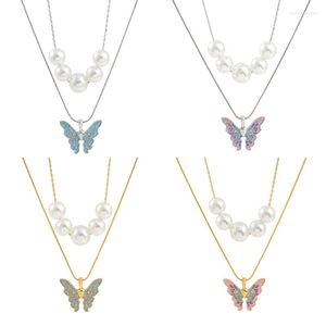 Pendant Necklaces Castle Princess Necklace Pearl Drop Oil Butterfly Crystal Girlfriend Double Choker Chains Jewelry 124A