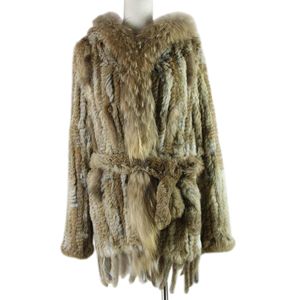 Furce da donna Furx Lady Munced Real Rabbit Fur Coat Outware con Cappuccio Donne cinture lunghe nappe Brasile 220926