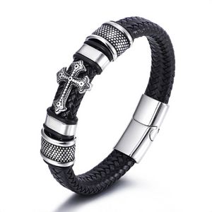 Bracciale con croce in pelle con bottone in acciaio inossidabile Braccialetti Hip Hop da uomo Polsino con polsino per gioielli di moda regalo