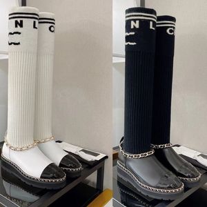 2023 designer women Luxury tall woolen socks boots fashion catwalk leather chain elements letters Versatile Casual Boots thick soled Medium tube boot shoe size 35-40