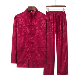 Men's Tracksuits Men's Autumn Traditional Chinese Satin Silky Wu Shu Clothing Long Sleeve Shirt & Pant Tai Chi Suit Plus Size 4XL