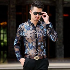 Camisas casuais masculinas malha sexy massh veja através de camisa bordado moda de veludo de veludo de manga longa verão clubwear de outono