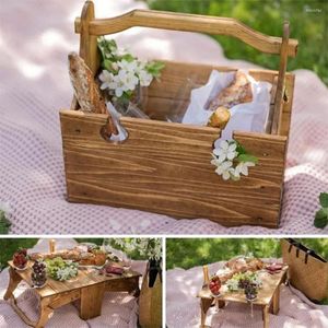 Camp Furniture Wooden Folding Table Portable Outdoor Beach Camping Garden 2-in-1 Picnic Desk Tea Wine Glass Holder Storage Basket