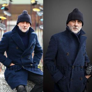 Herenjacks Winter aangepaste marine peacoat jas voor heren dikke blauwe tweed jas dubbele borsten mode blazer ontwerper 220923