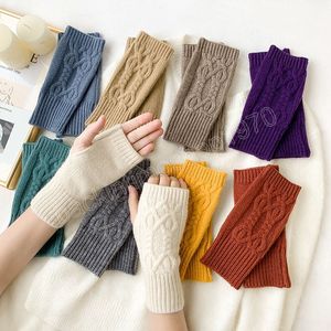 Winter Warm Fingerless Knitted Gloves For Women Acrylic Stretch Half Finger Arm Glove Crochet Knitting Faux Girls Mitten Gloves