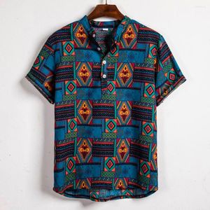 Erkek Gömleklik Gömlek Stili toptan satış-Erkek Tişörtleri Erkek Tişört Etnik Tarz Kısa Kollu Adam Pamuk Keten T Shirt Stripe Ekose Baskı Üstleri Hawaiian Tee Roupas Maskulinas