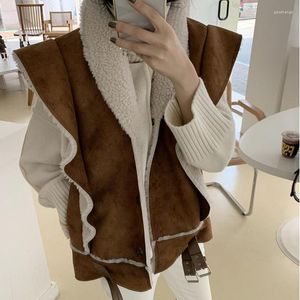 Women's Vests Women's Fashion Streetwear Motocycle Style Lamb Wool Coat Vest Women Autumn Winter Ruffle Sleeve Thick Jacket Female